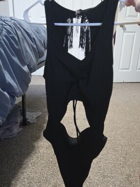 Black Ribbed Cutout Sleeveless Fringe Bodysuit/Bathing Suit